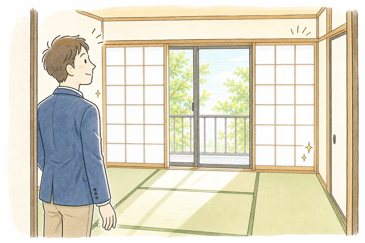張り替えたばかりの白い障子と新しい網戸が入った明るい和室を、穏やかに見渡している賃貸管理担当者