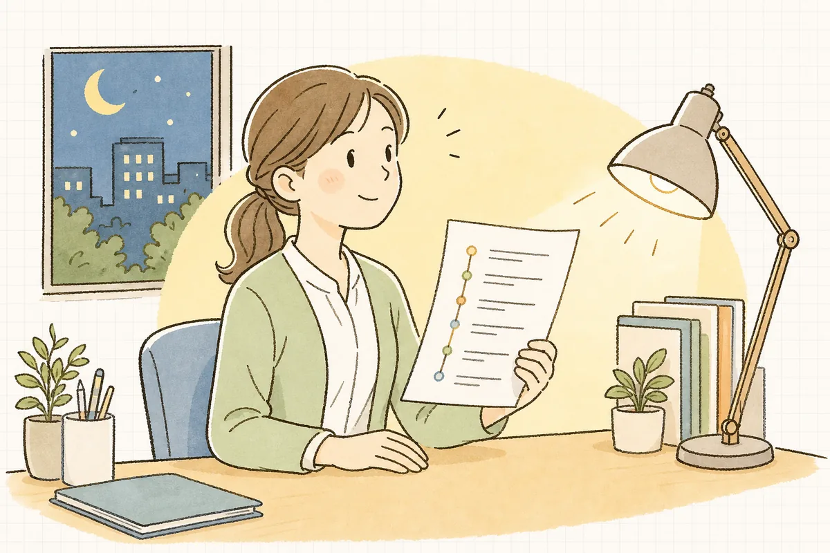 時系列に整った督促経過メモを手に、落ち着いた表情で次の対応に向かう賃貸管理担当者