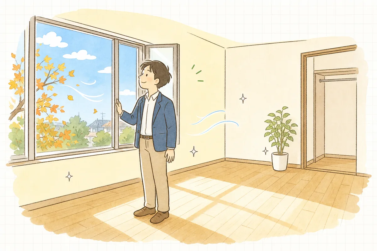 秋のはじめ、明るく整えられた空室の窓を開けて外を見ながら、次の季節を待っている賃貸管理担当者