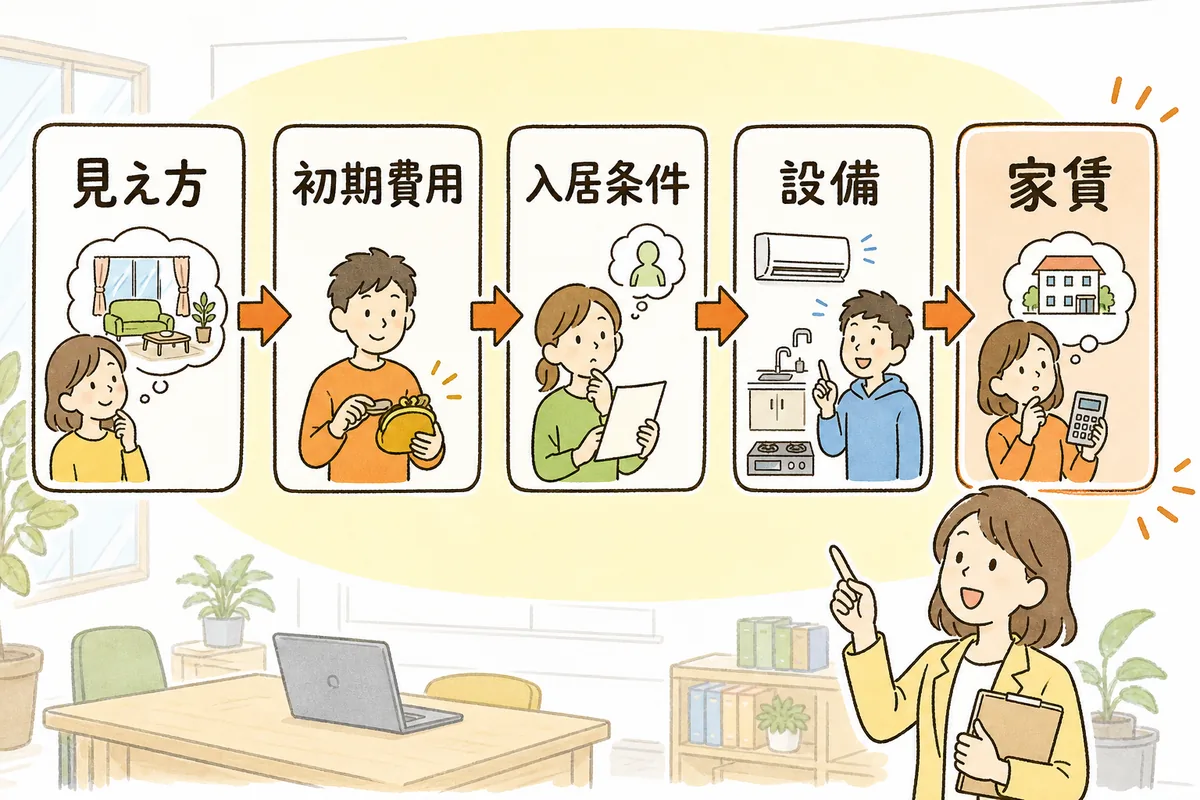 家賃を下げる前に見直す募集条件の四段階と、最後に家賃改定を置いた順番の図