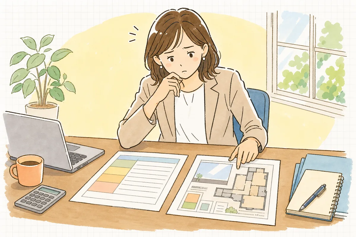 空室の募集条件を書いた資料を前に、家賃を下げるべきか迷っている賃貸管理担当者