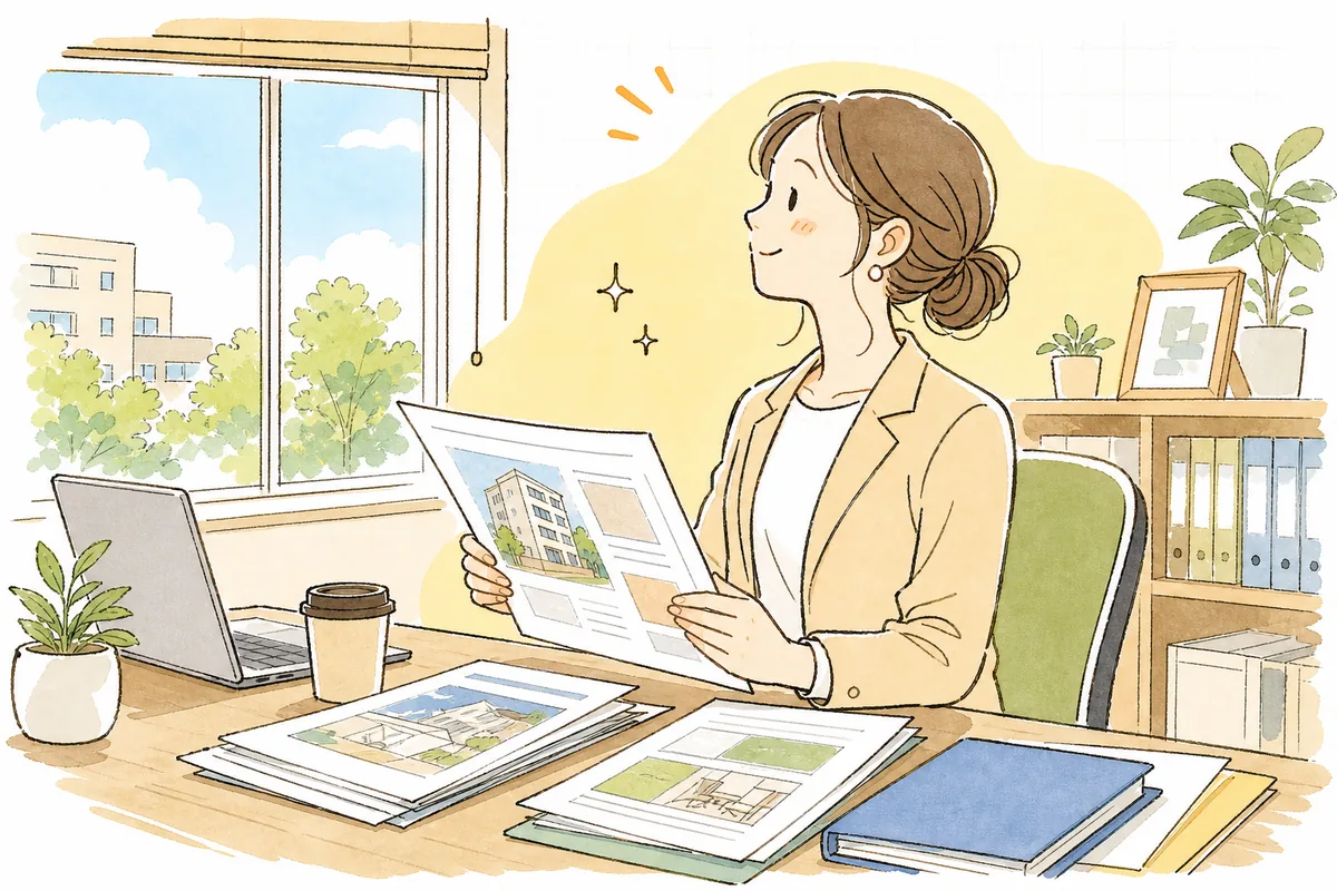 募集条件を見直し終えて、前向きな表情で次の一手に取りかかる賃貸管理担当者