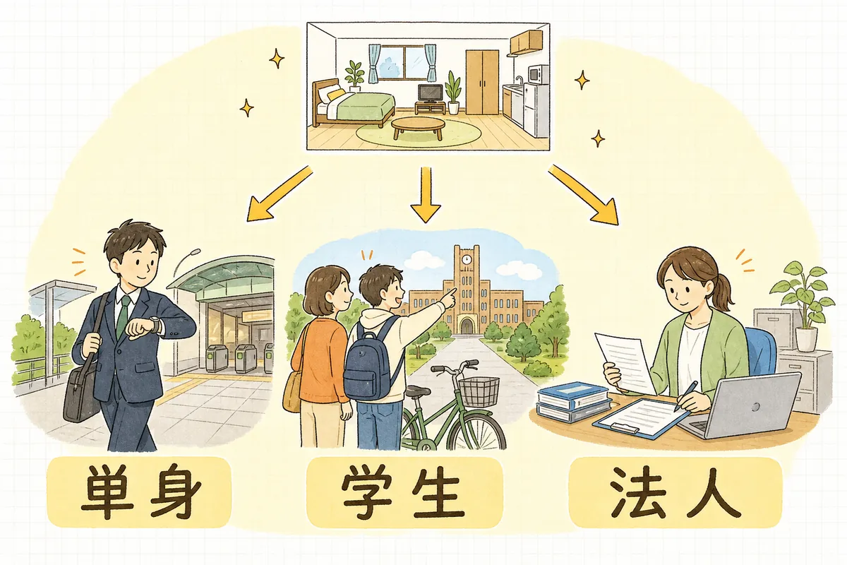 同じワンルームの部屋を、単身の社会人・学生と親・法人の総務担当という3者がそれぞれ違う視点で見ている3列の図