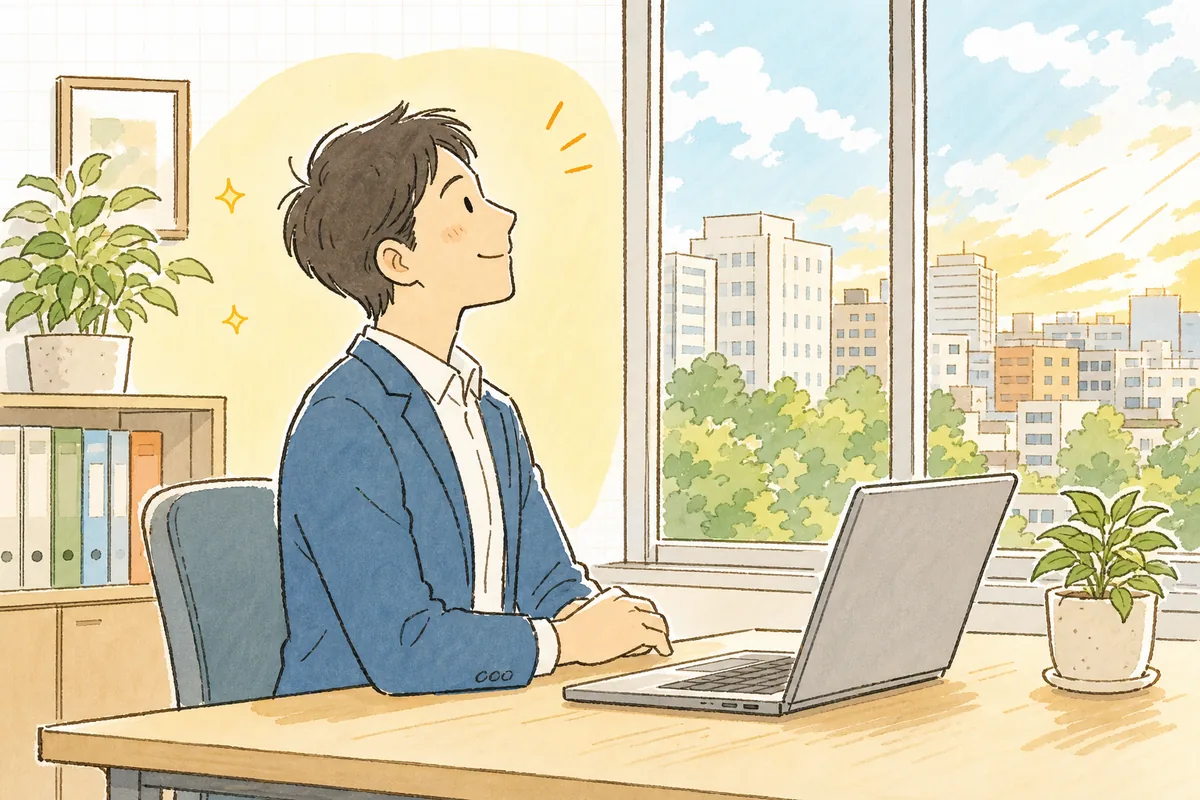 電子での契約手続きを一件やり終え、穏やかな表情でパソコンから顔を上げる賃貸管理担当者
