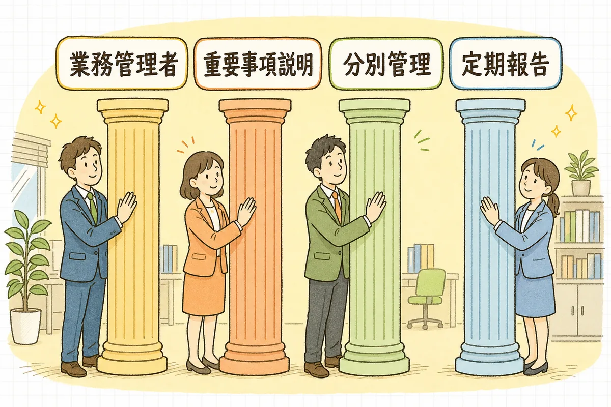 登録した管理業者に求められる主な義務を四つの柱として並べた概念図