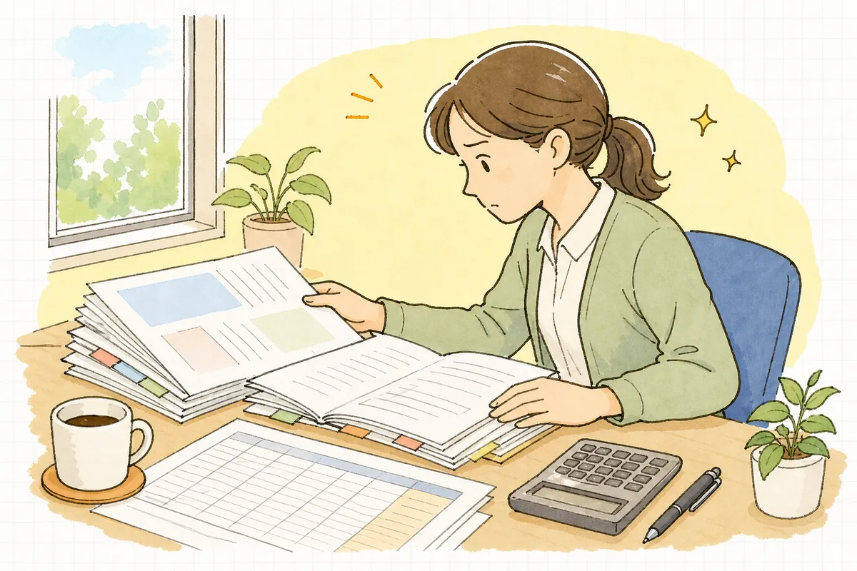 机の上に登録制度の資料を広げ、自社に登録が必要か落ち着いて確かめる賃貸管理担当者