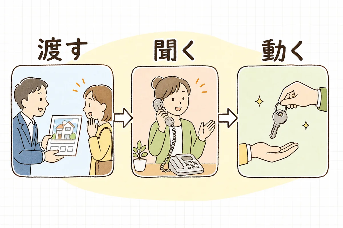推しどころを渡し、反響を聞き、条件変更を伝える三つの接点で仲介会社とつながる流れ図