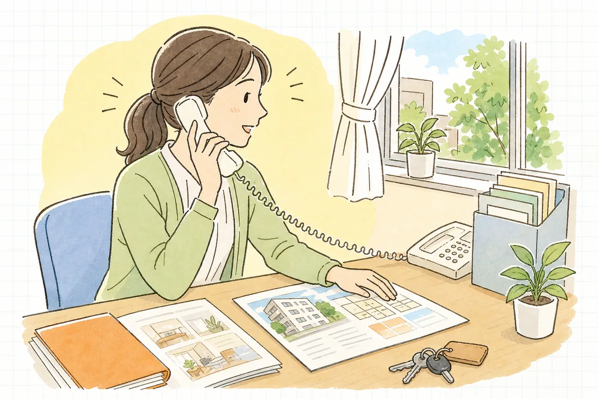 仲介会社に電話をかけながら、募集図面を手に物件の情報を伝える賃貸管理担当者