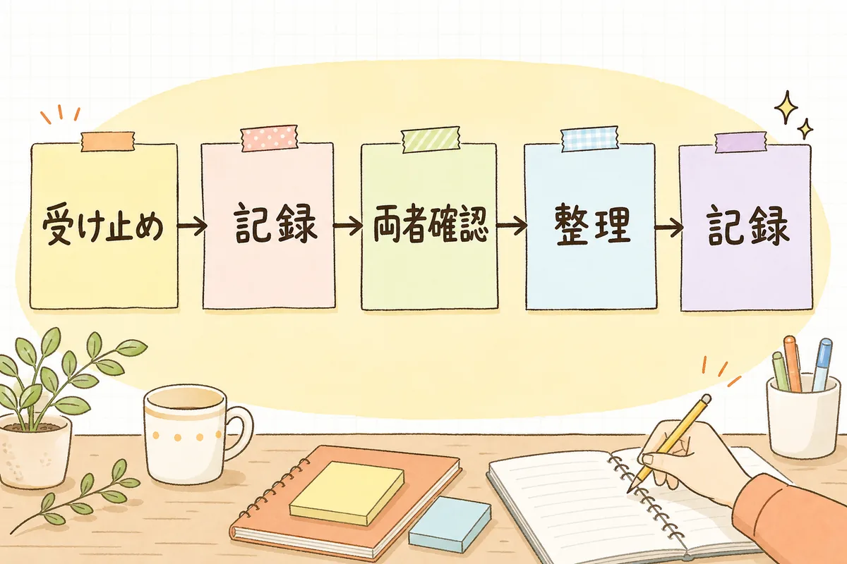 クレーム対応の五つの手順を左から右へ矢印で並べた流れ図