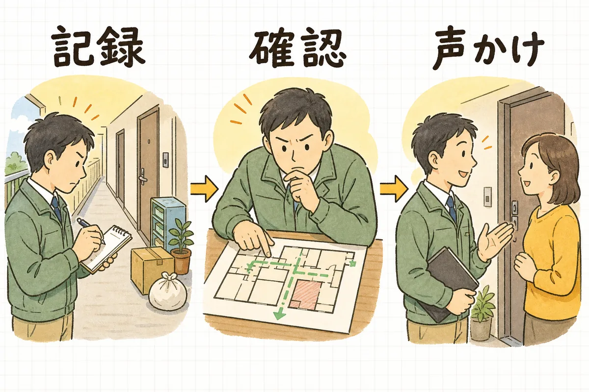 記録・確認・声かけの三段階で共用部の私物放置に対応する賃貸管理担当者