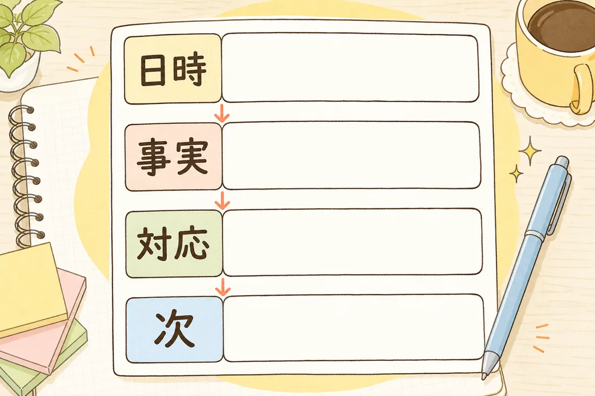日時・事実・対応・次アクションの四項目でクレーム記録を残す流れ図
