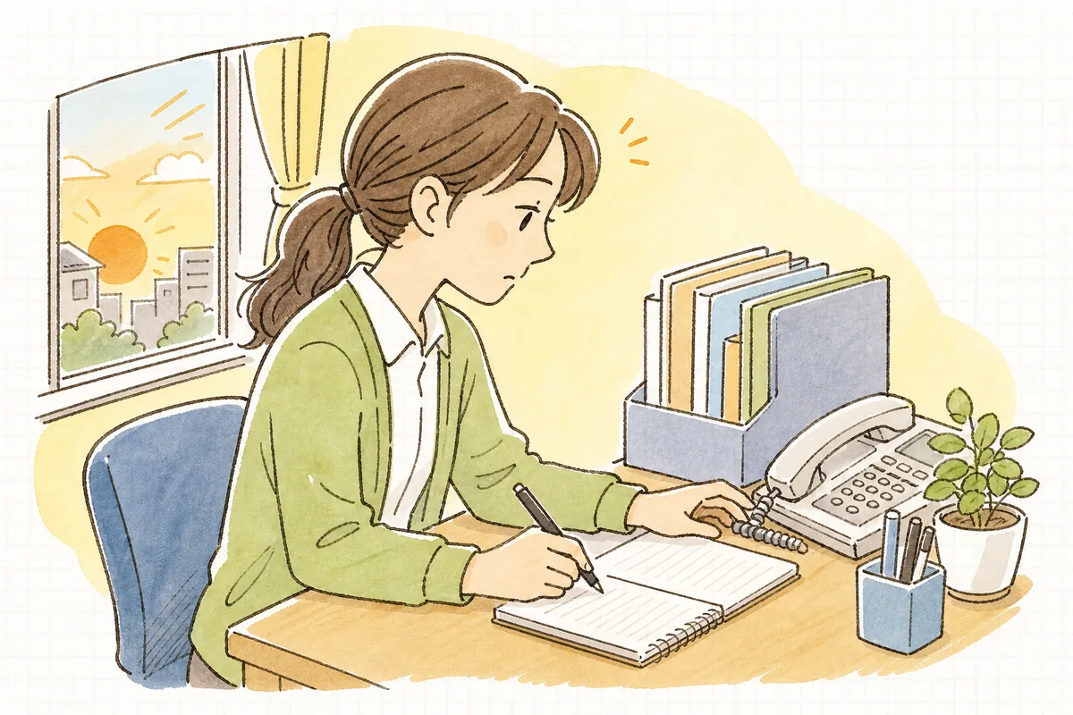 クレーム電話を切った直後、受話器の横でメモ用紙に対応内容を書き留める賃貸管理担当者