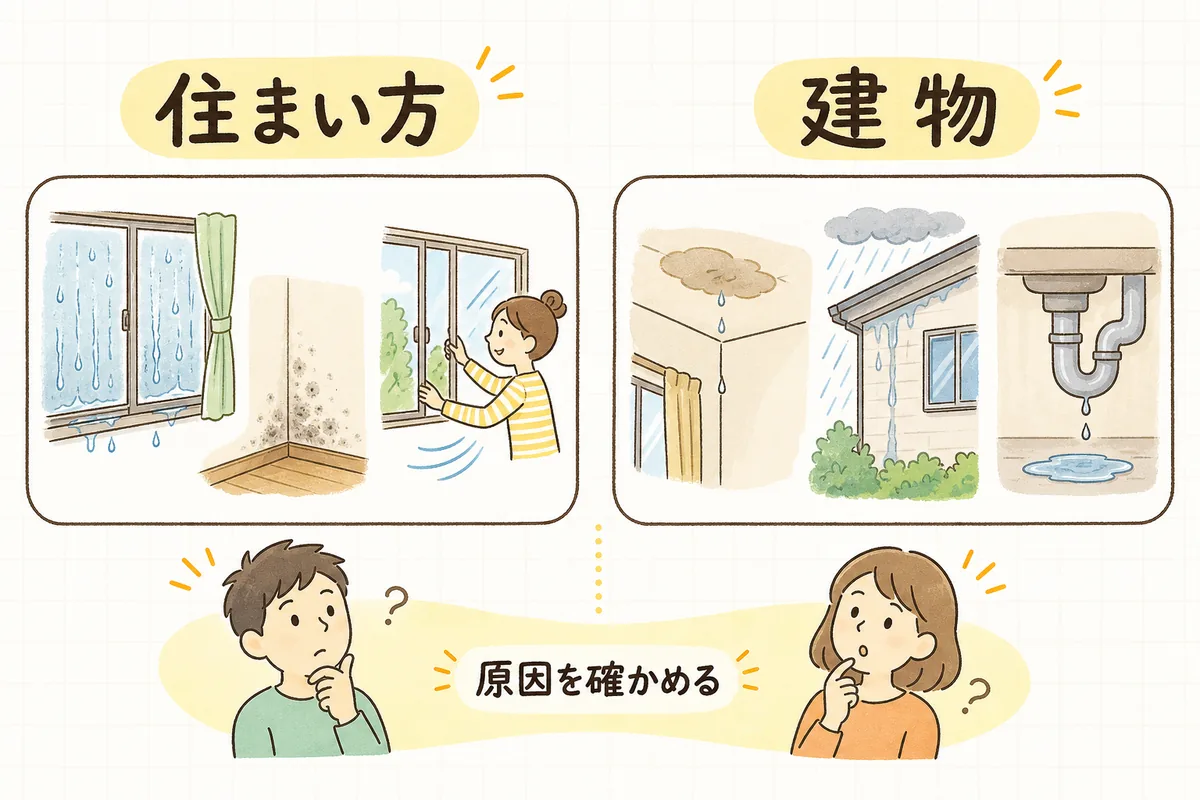 カビの原因を住まい方由来と建物由来に切り分けて負担の考え方を整理した図