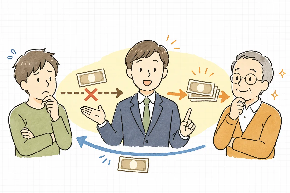 滞納で止まった家賃の流れを、保証会社がいったん立て替えてオーナーへ届け、後で入居者へ請求権が移ることを示した代位弁済のイラスト