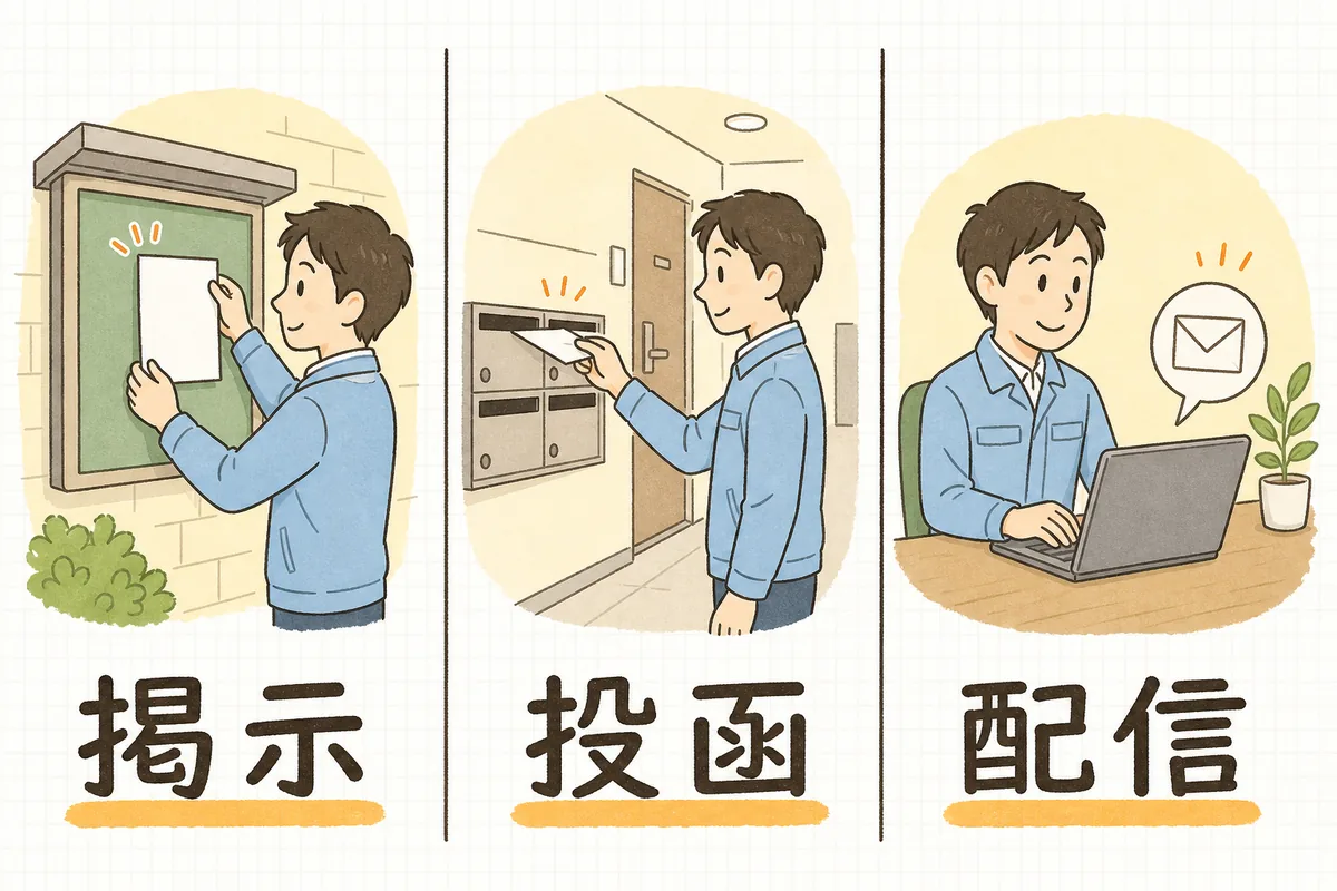 掲示・投函・配信の三つの経路で入居者に連絡を届けることを示した図