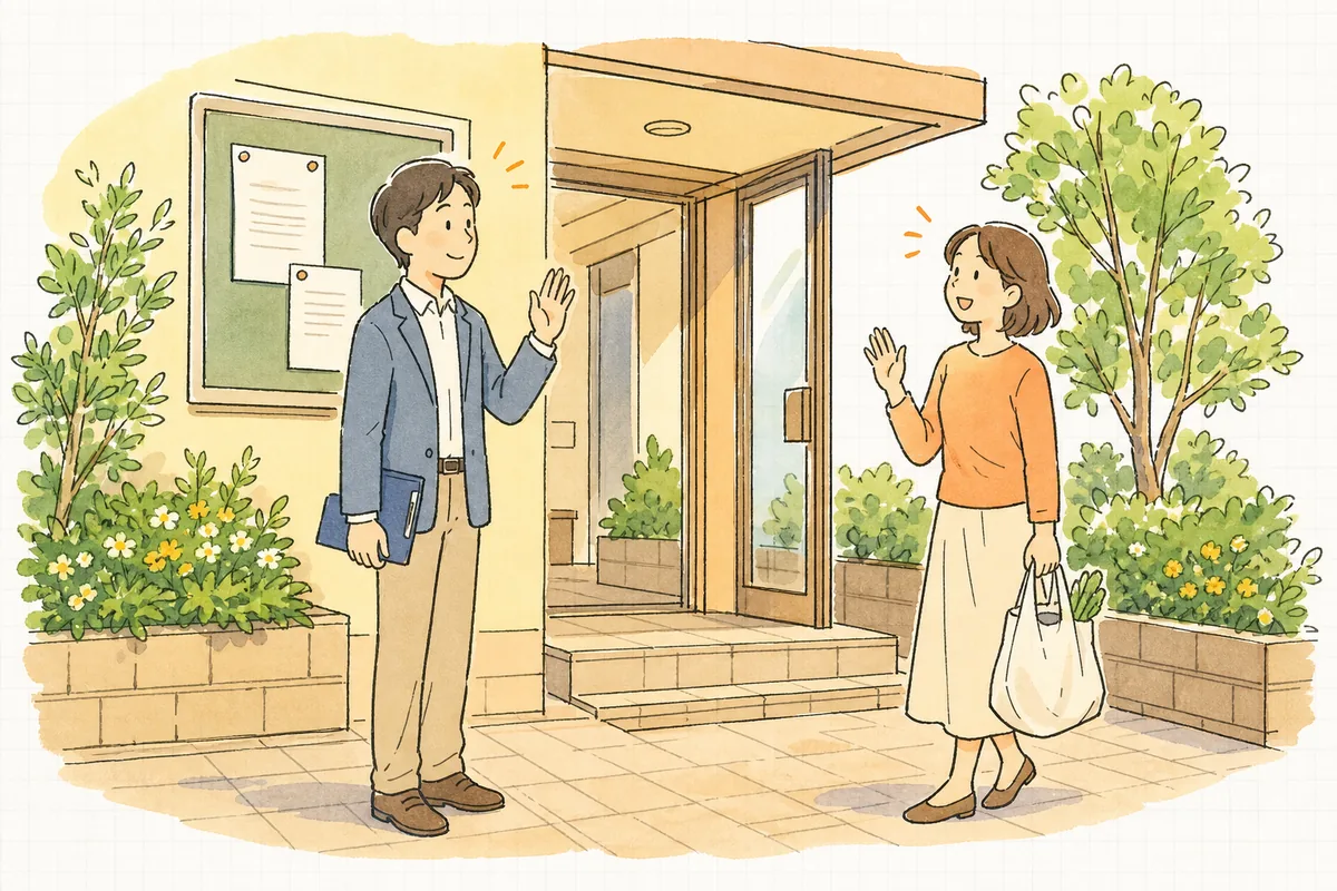 集合住宅のエントランスで、復旧のお知らせを掲示板に貼り終えた賃貸管理担当者と、通りかかった入居者が言葉を交わしている場面