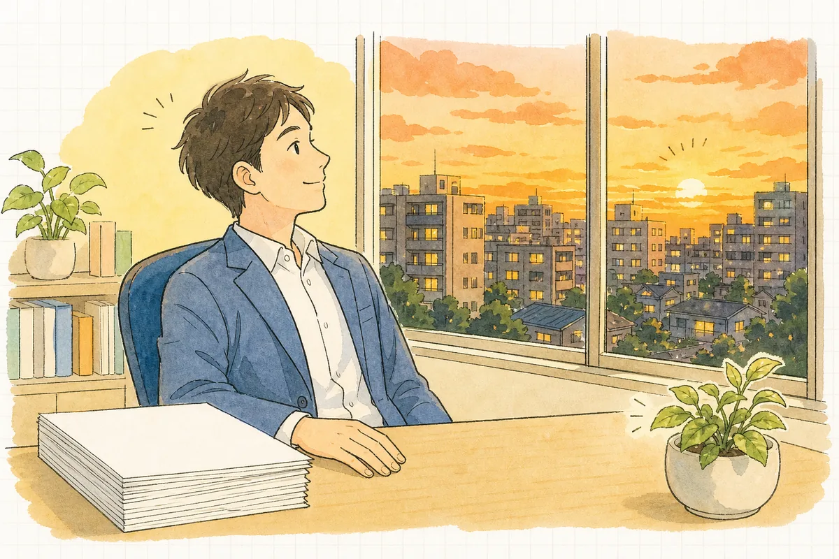 同居人の手続きを終えた書類を整え、穏やかな笑顔でひと息つく賃貸管理担当者