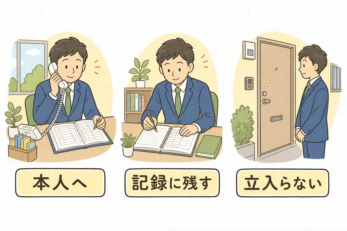 督促でしていいことを判断する3つの条件を、相手・手段・部屋の順に並べた図