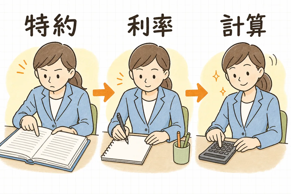 契約の特約確認から金額の算出までを順番に進める賃貸管理担当者