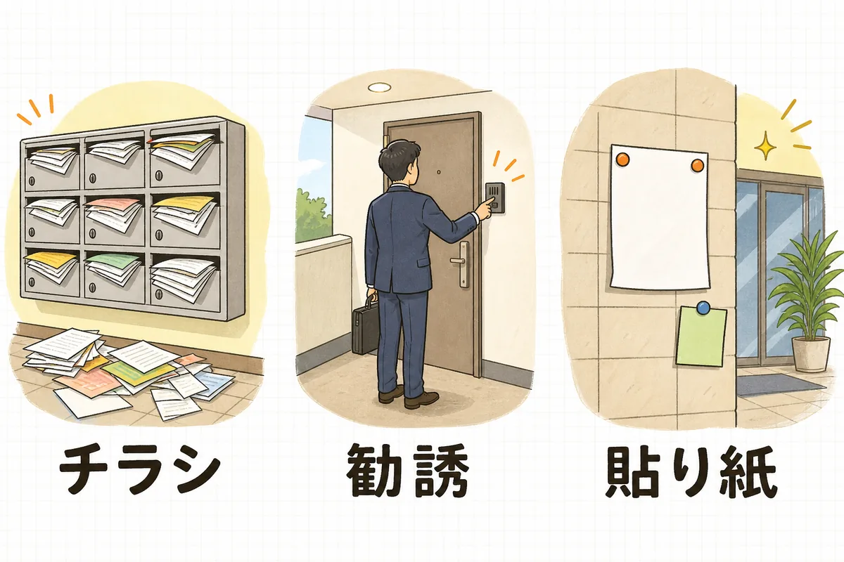 チラシ投函・訪問勧誘・無断の貼り紙という三つの迷惑行為を左から順に並べた図