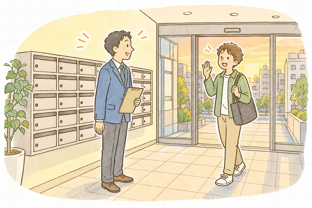 すっきり片づいた集合ポストの前で、帰宅した入居者と笑顔であいさつを交わす賃貸管理担当者
