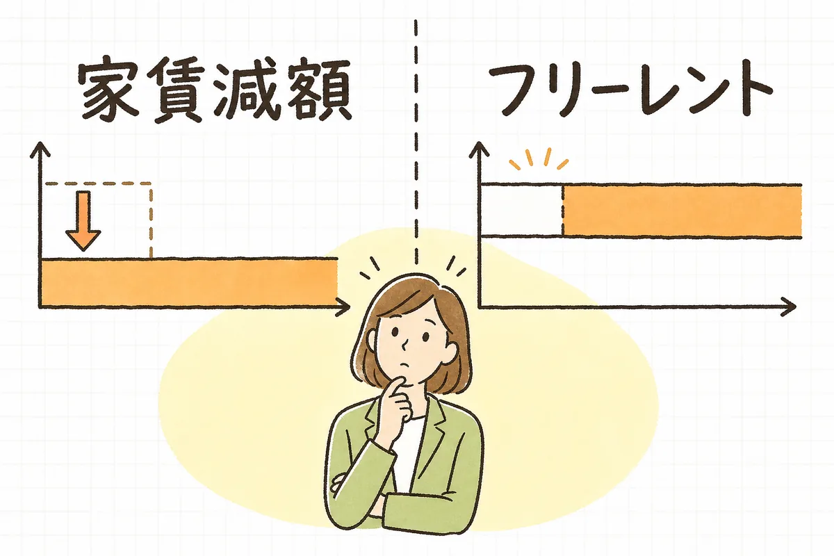 家賃減額とフリーレントで、募集賃料と実質減収がどう違うかを並べた比較図