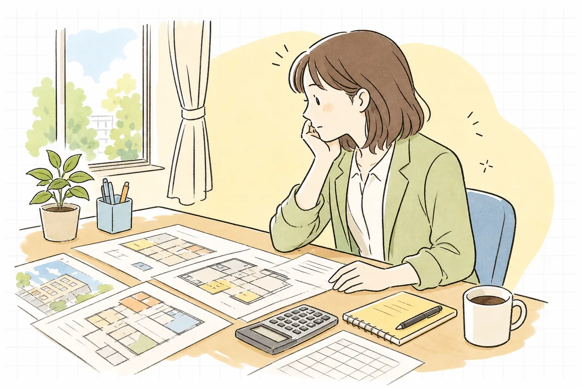 募集資料を前に、フリーレントをつけるか迷いながら考え込む賃貸管理担当者