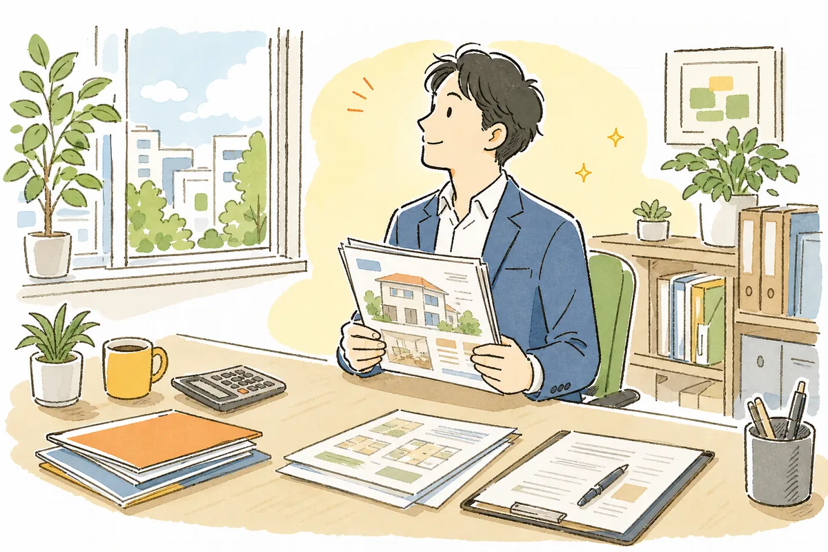 募集条件を決め終えて、穏やかに前を向く賃貸管理担当者