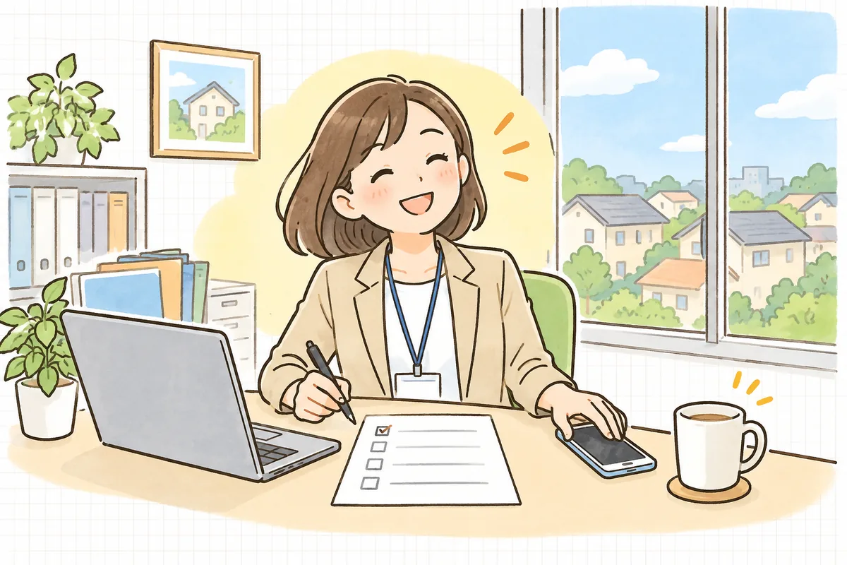 明るい昼下がりの管理会社のオフィスで、確認の電話を終えてスマートフォンを机に置き、ほっとした笑顔でリストにチェックを付ける賃貸管理担当者