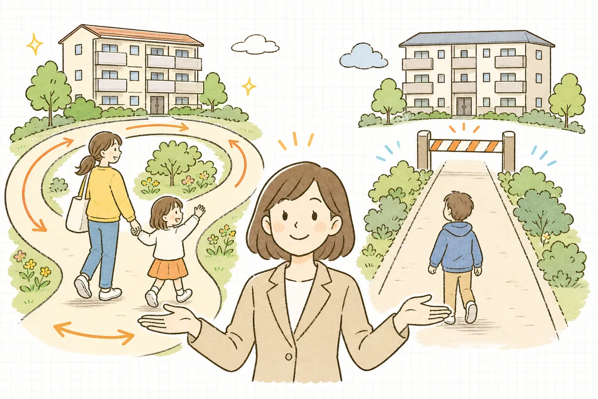 一方はぐるりと輪になって続く道、もう一方はゴールの区切りで終わる道として、普通借家と定期借家の違いを対比したイラスト