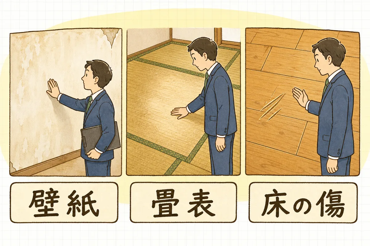 壁紙・畳表・床の傷の三つを見比べて年数を考えるかどうかを区分する賃貸管理担当者
