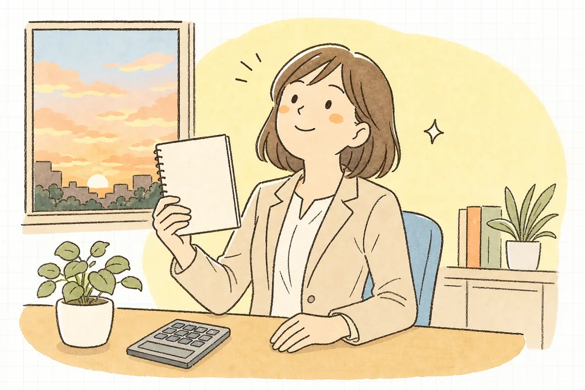 計算を終えた精算メモを手に穏やかな表情で顔を上げる賃貸管理担当者