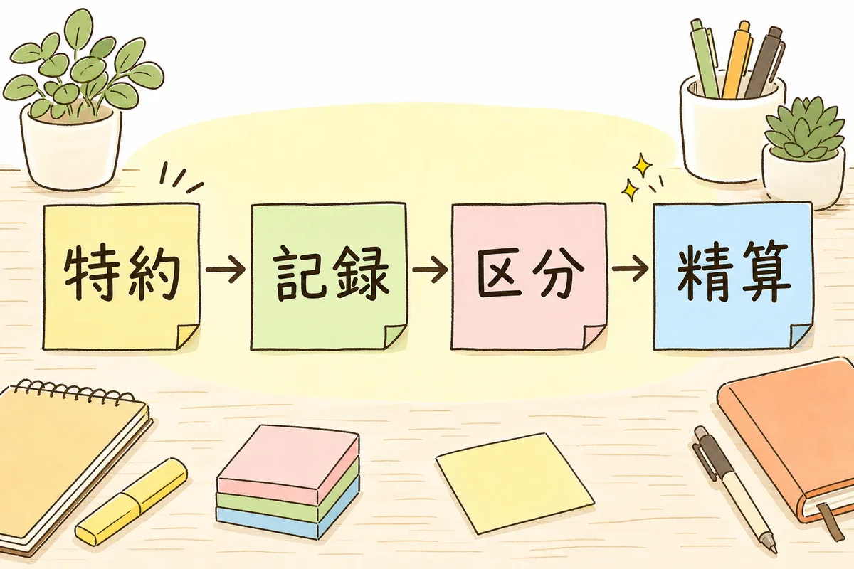 契約書確認から敷金精算までの四つの確認ステップを左から右へ矢印で並べた流れ図