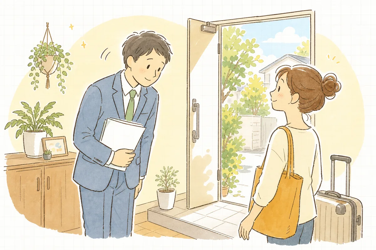 精算の説明を終えて入居者と穏やかに見送りのやり取りをする賃貸管理担当者