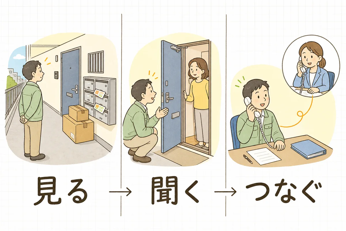 共用部で見る、玄関先で聞く、相談窓口につなぐの3段階を左から順に絵とラベルで並べた図