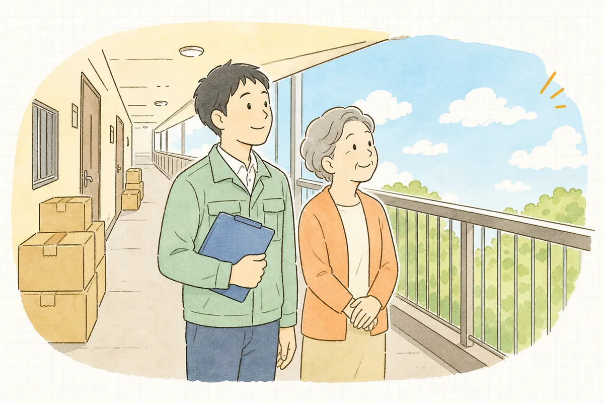 共用廊下の通り道が片づき、住人と管理担当者が並んで見上げているおだやかな場面