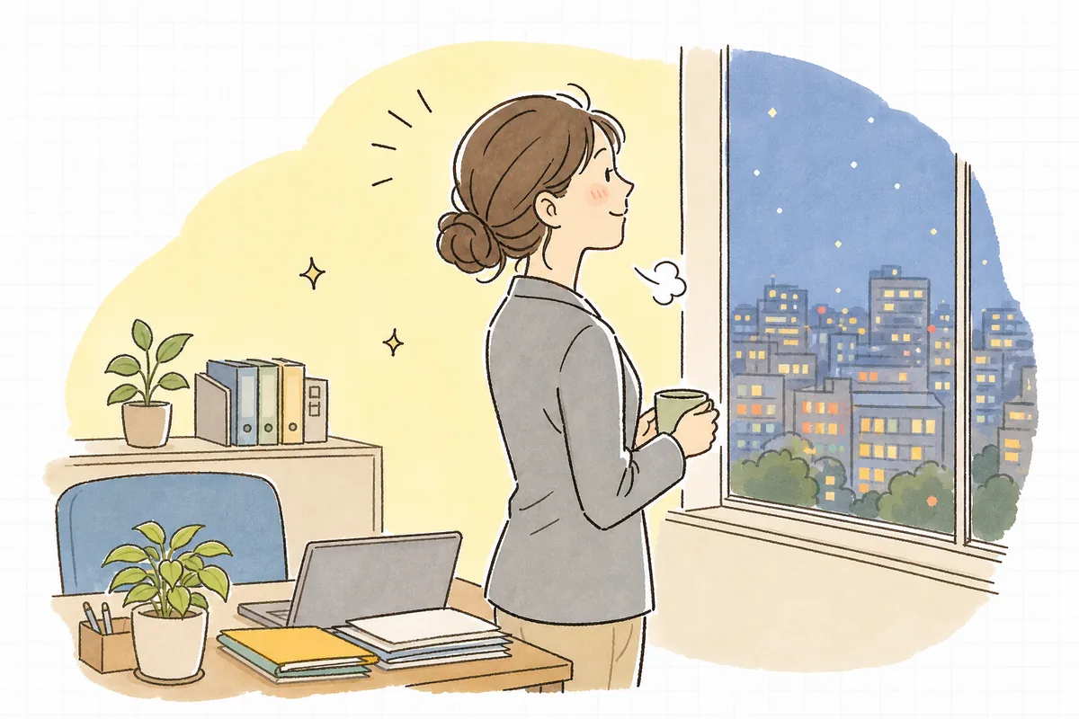 連帯保証人への一報を終え窓辺で静かに一息つく賃貸管理担当者