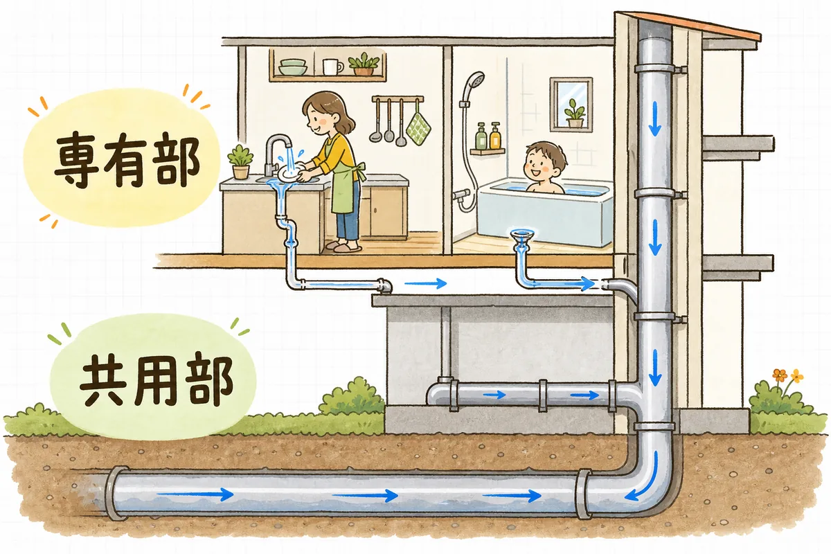 集合住宅の排水を、住戸内の配管と建物を縦に降りる立管の二段に分けて示した断面図