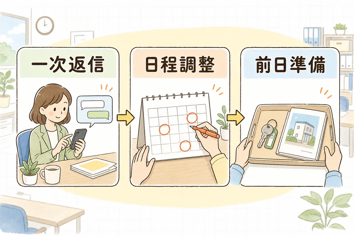 一次返信・日程調整・前日準備の三つの場面に分けて反響対応を進める流れ図