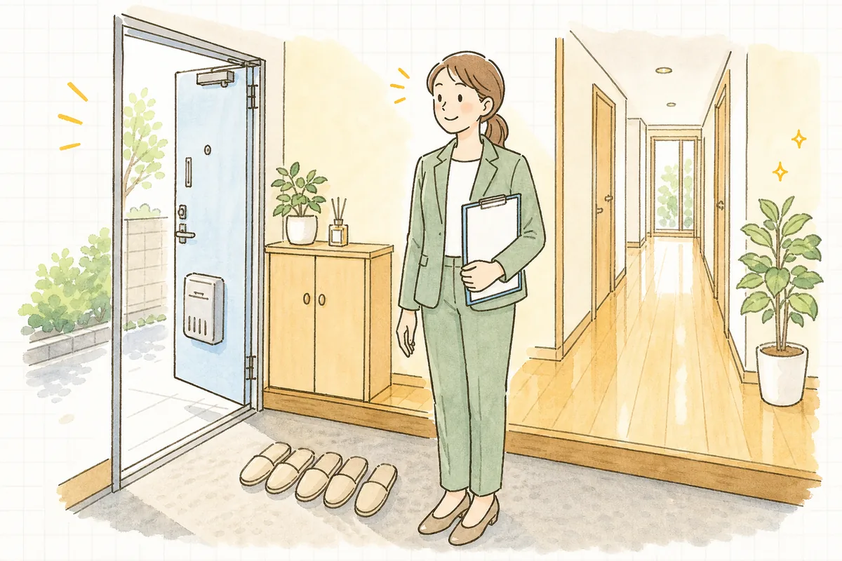 内見の準備を終えた明るい空室の玄関で、スリッパをそろえて入居希望者を待つ賃貸管理担当者
