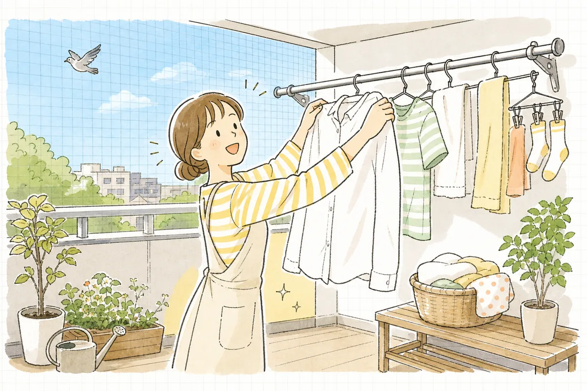 防鳥ネットが張られてきれいになったベランダで、入居者が気持ちよさそうに洗濯物を干している明るい情景