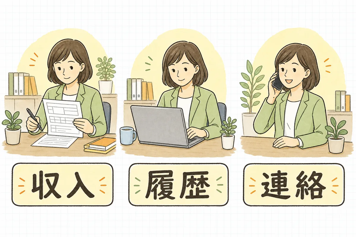 保証会社の審査で見られる3つの軸を、収入・履歴・連絡の順に並べた図