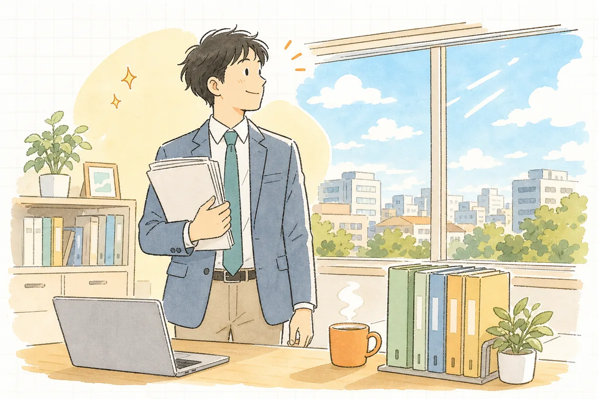 明るいオフィスで、審査を通過した申込書を手に安心した表情で前を向いている賃貸管理担当者