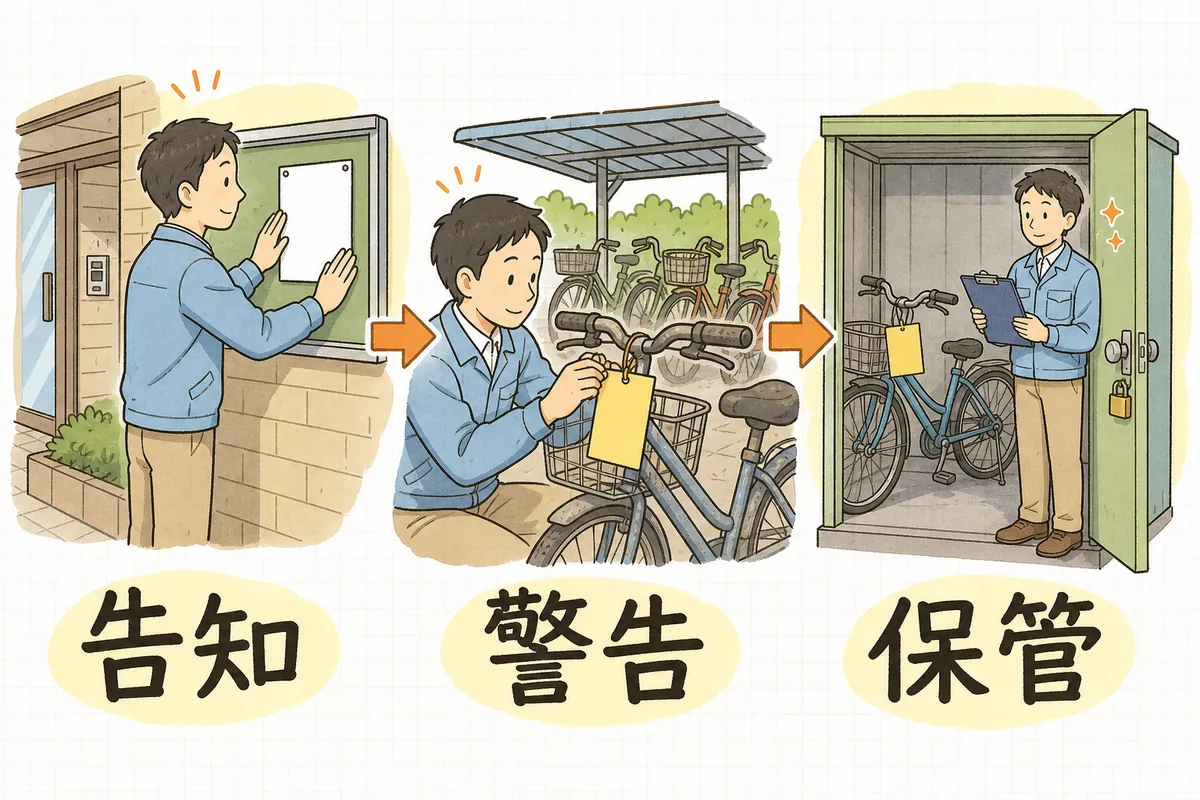 告知・警告・保管の三つの段階で放置自転車に対応する賃貸管理担当者の三場面