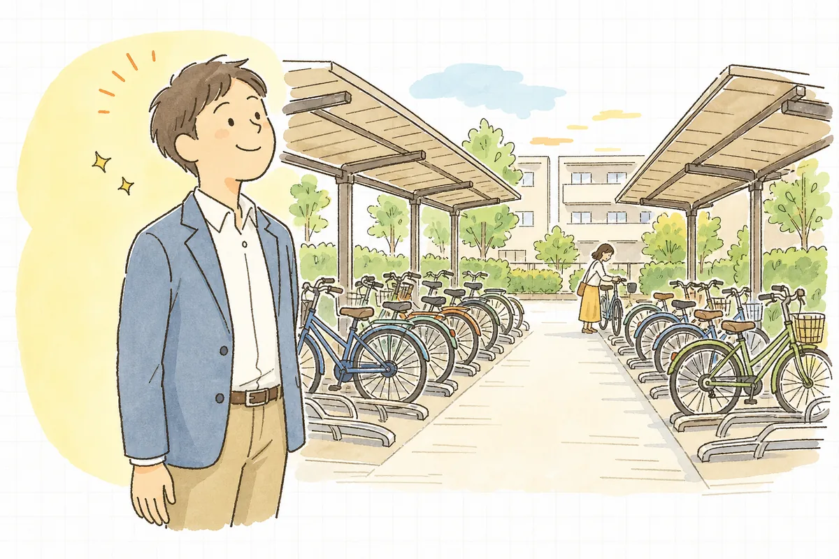 すっきり整った駐輪場を見渡して、ほっとした笑顔を見せる賃貸管理担当者