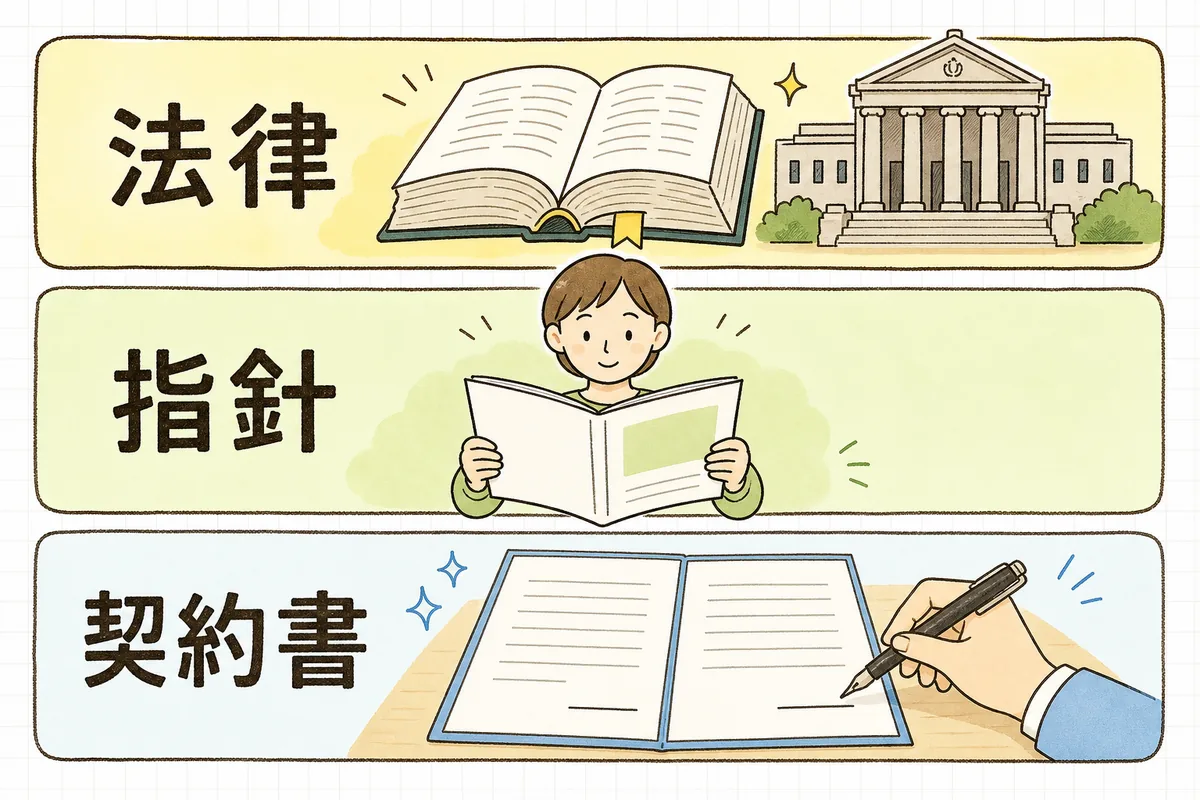 法律・指針・契約書の三つの層を上から下へ積み重ねて示した、賃貸管理のルールの構造図
