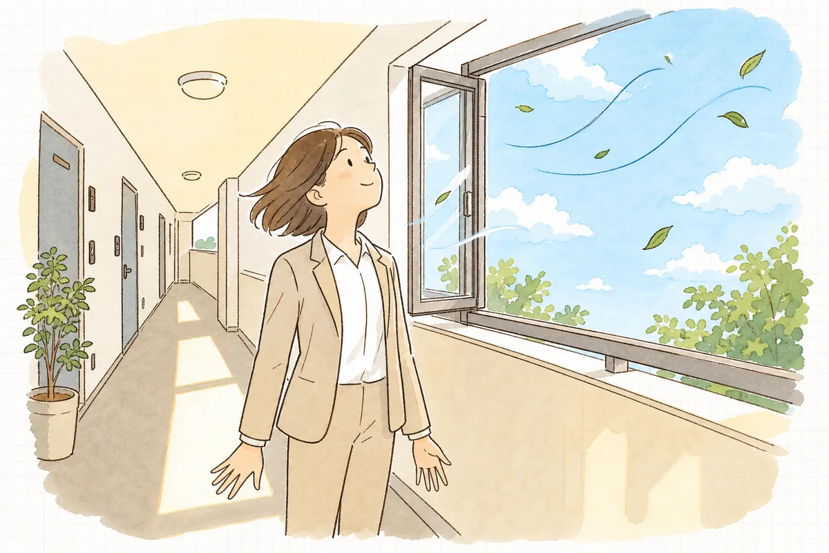 風が通り抜ける共用廊下で、開いた窓の外の青空を見上げる賃貸管理担当者