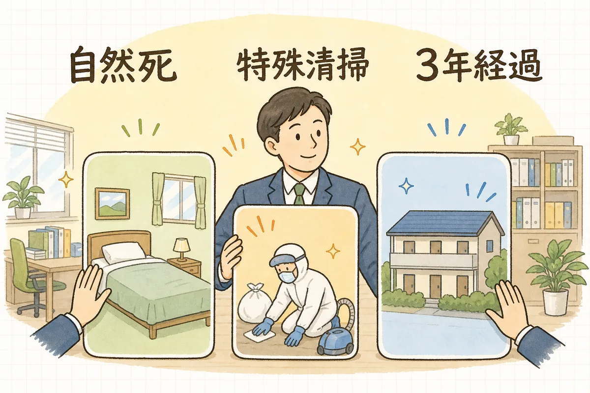 人の死の告知が必要か原則不要かを、死の類型で三つに分けて並べた概念図