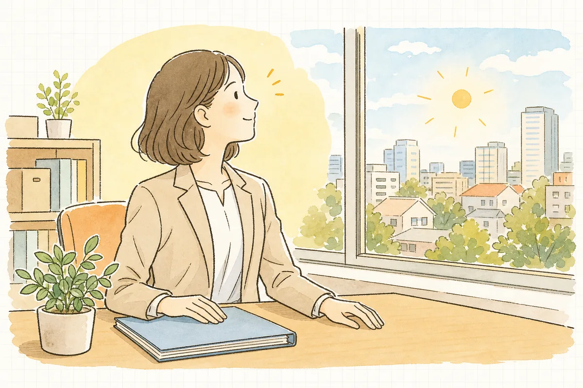 一件の対応方針を整理し終え、穏やかな表情で顔を上げる賃貸管理担当者