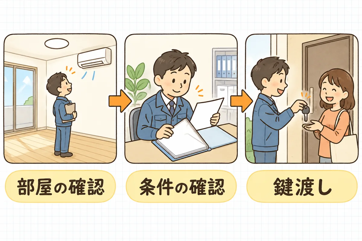 部屋の確認、書類の確認、鍵の受け渡しの三つの場面を左から右へ矢印でつないだ図